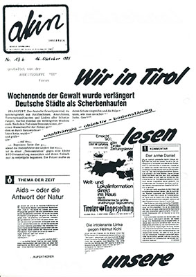 1985 - Informationen zu Veranstaltungen "Tiroler Tageszeitung - unabhängig von der Wahrheit"