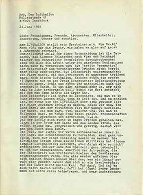 Der Luftballon Brief vom 26. Juni 1984